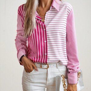 Hot Pink Casual Women's Striped Print Button Front Shirt Button Up Shirt